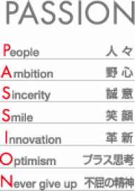 PASSION. P:People, A:Ambition, S:Sincerity, S:Smile, I:Innovation, O:Optimism, N:Never give up.